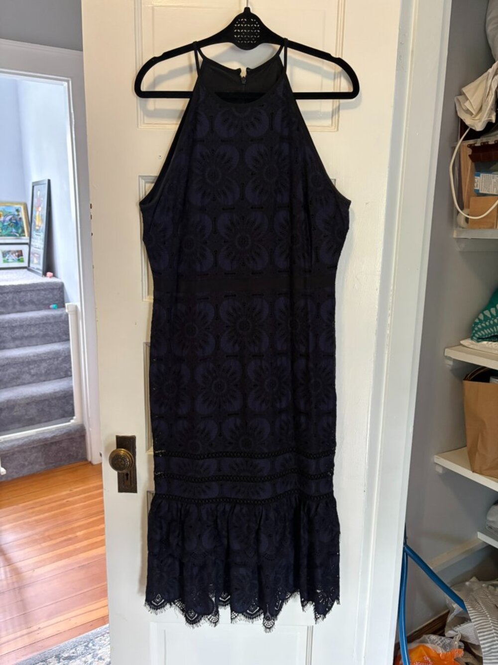 Banana Republic Navy Blue Lace Halter Midi Dress Eyelet Floral Ruffle Hem 12
